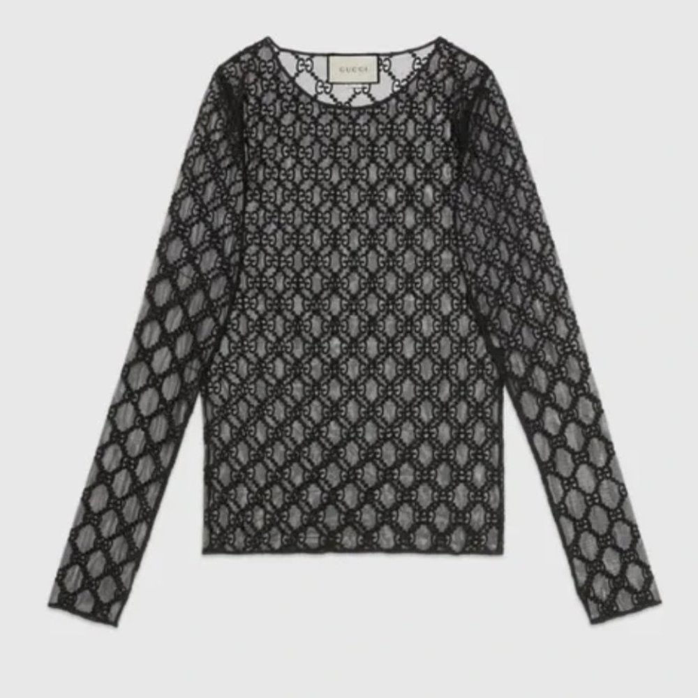 NWT Gucci Women's Black GG Embroidered Mesh Long Sleeved Top